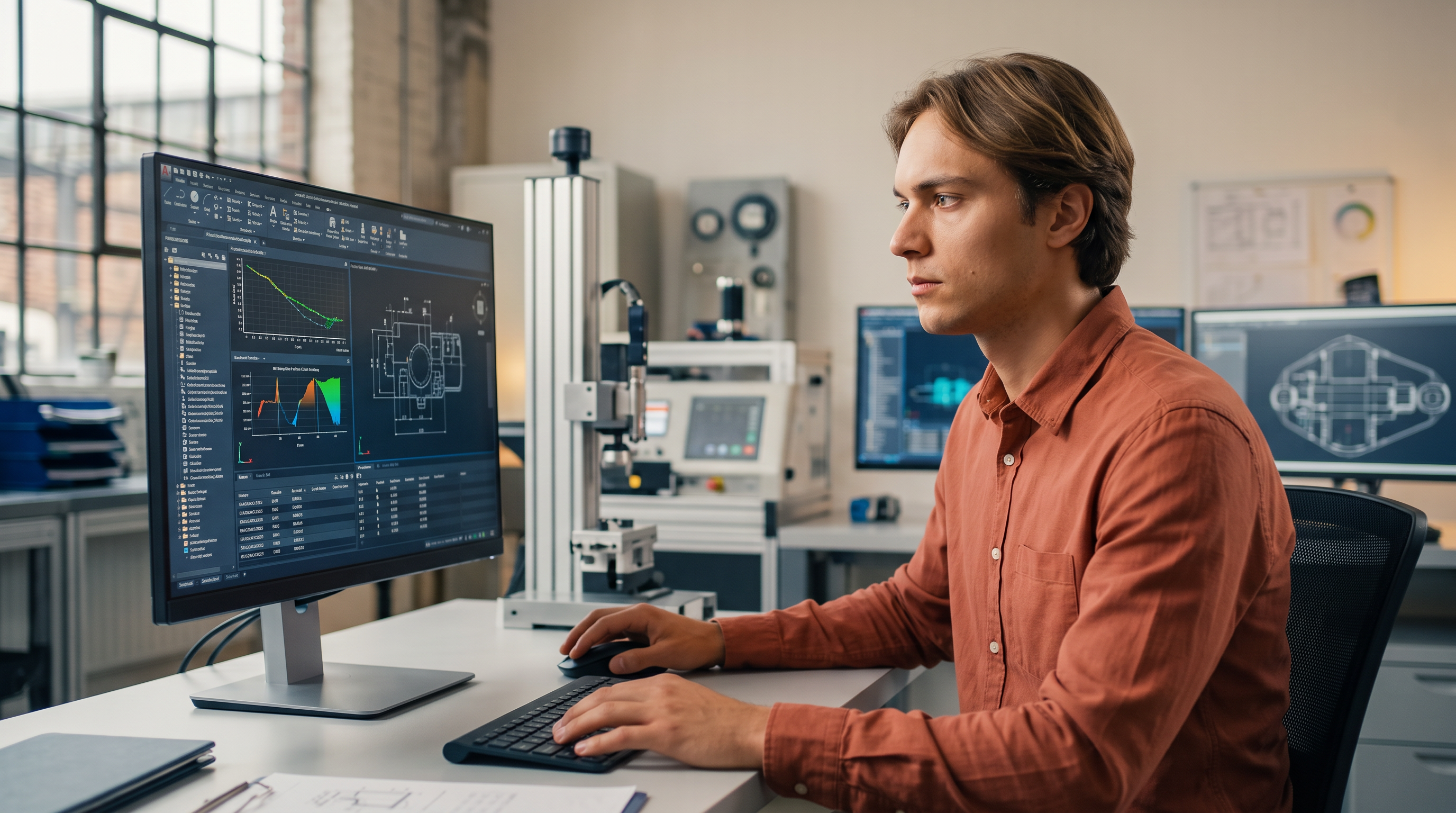 KI-generiertes Bild eines digitalen Zwillings bei der Arbeit, gekennzeichnet mit dem AI-Label