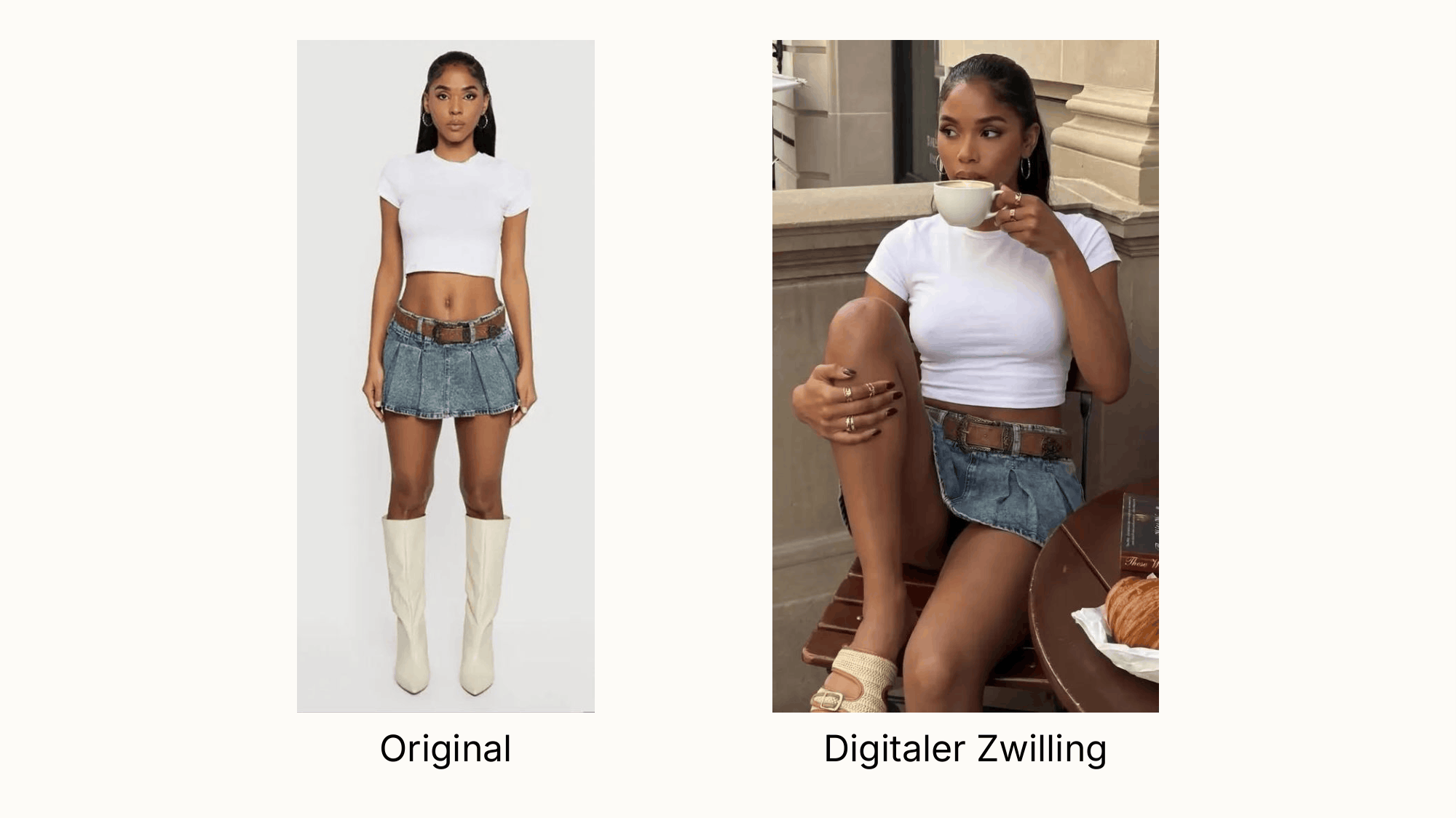 Gegenüberstellung des originalen Fotos eines Models und der KI-modifizierten Werbung mit dem digitalen Zwilling